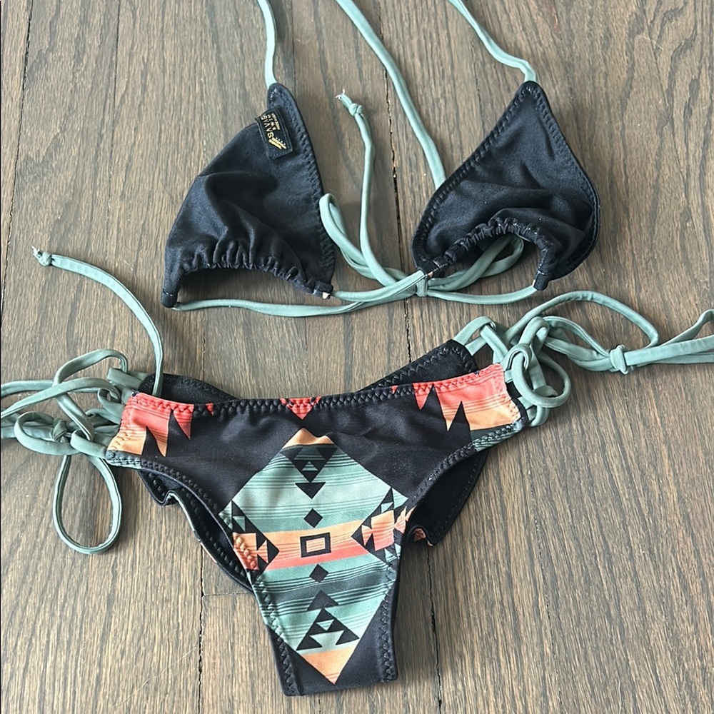 Black Glitter and Tribal Print  Bikini with Sage straps *Custom order